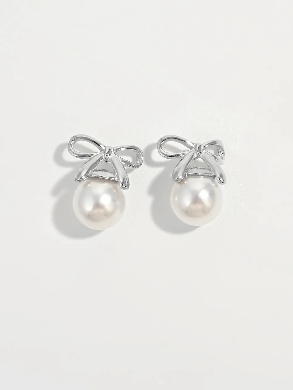 925 Sterling Silver Pearl Bow Earrings, image 2