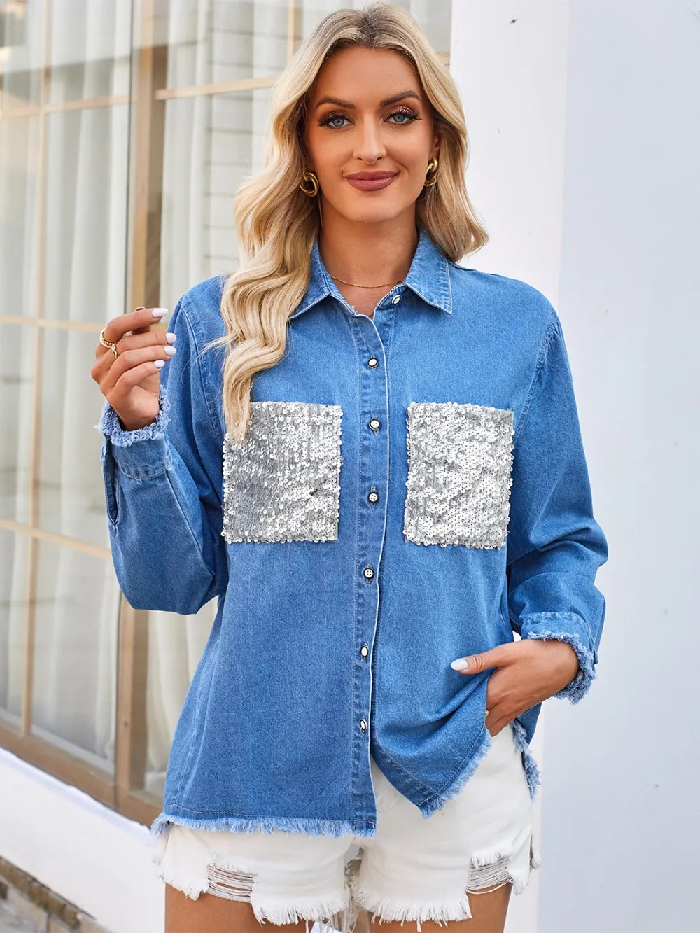 Raw Hem Button Up Long Sleeve Denim Jacket with Sequin Pockets, image 7