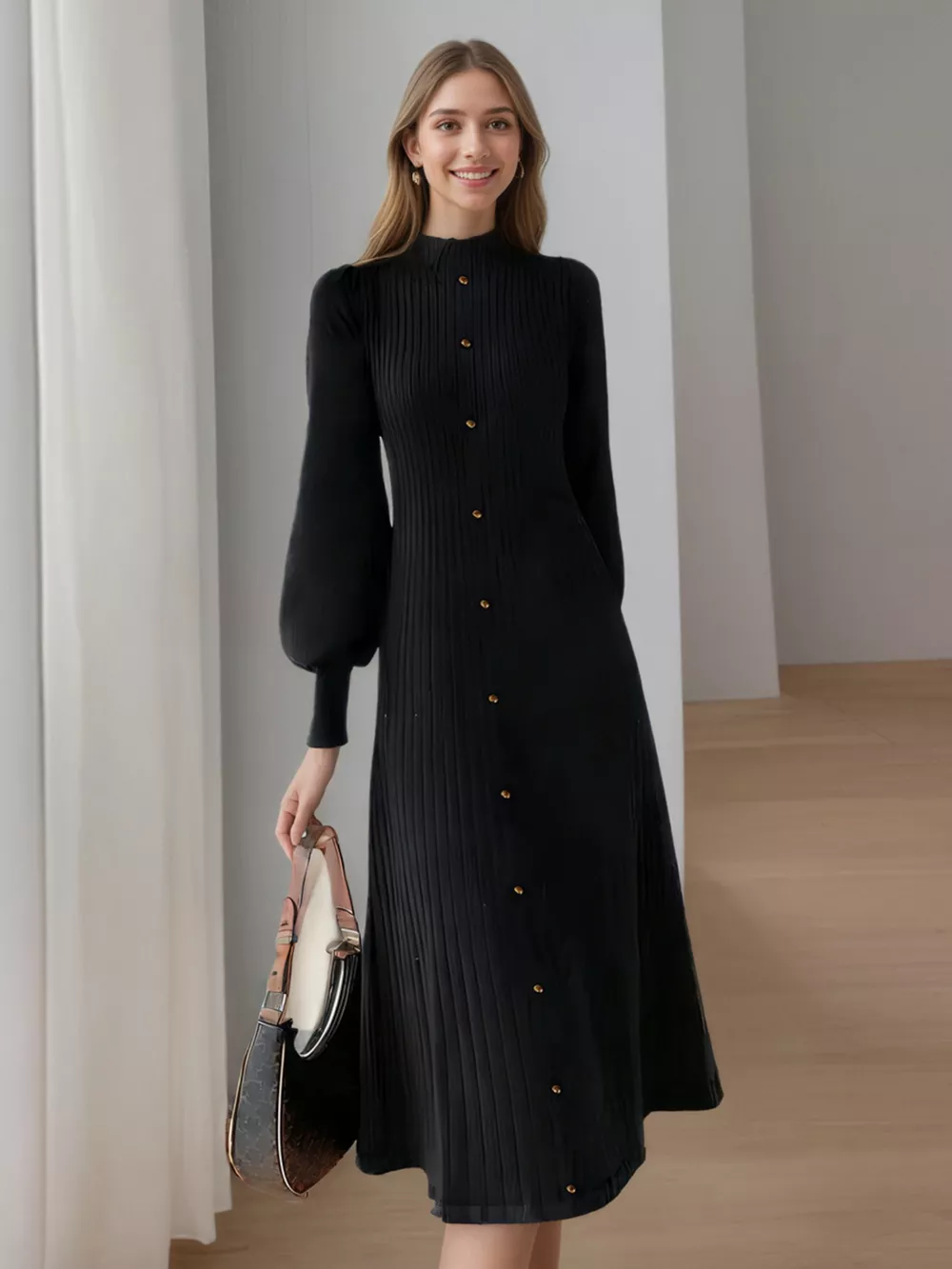 Ribbed Knit Mock Neck Midi Dress, image 6
