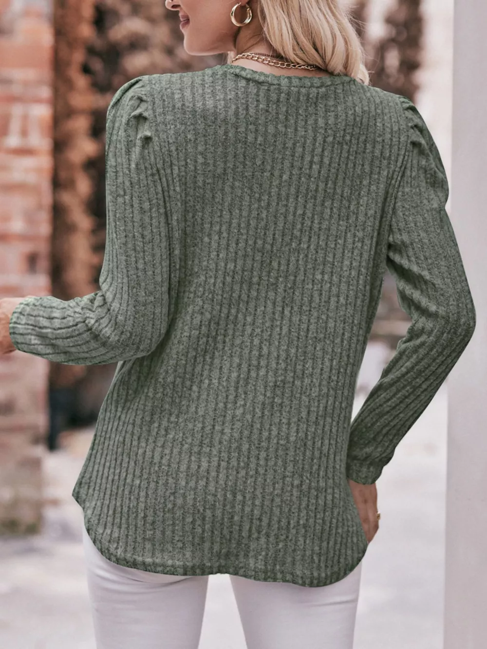 Ribbed Knit Puff Sleeve T-Shirt, image 19