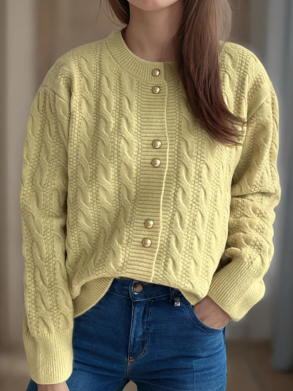Cable-Knit Round Neck Long Sleeve Cardigan, image 27
