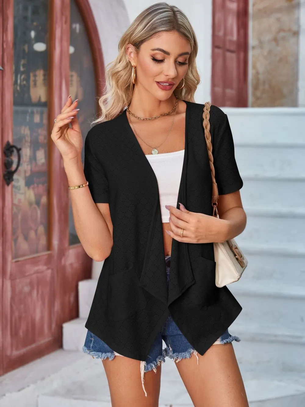 Eyelet Open Front Short Sleeve Cover Up, image 13