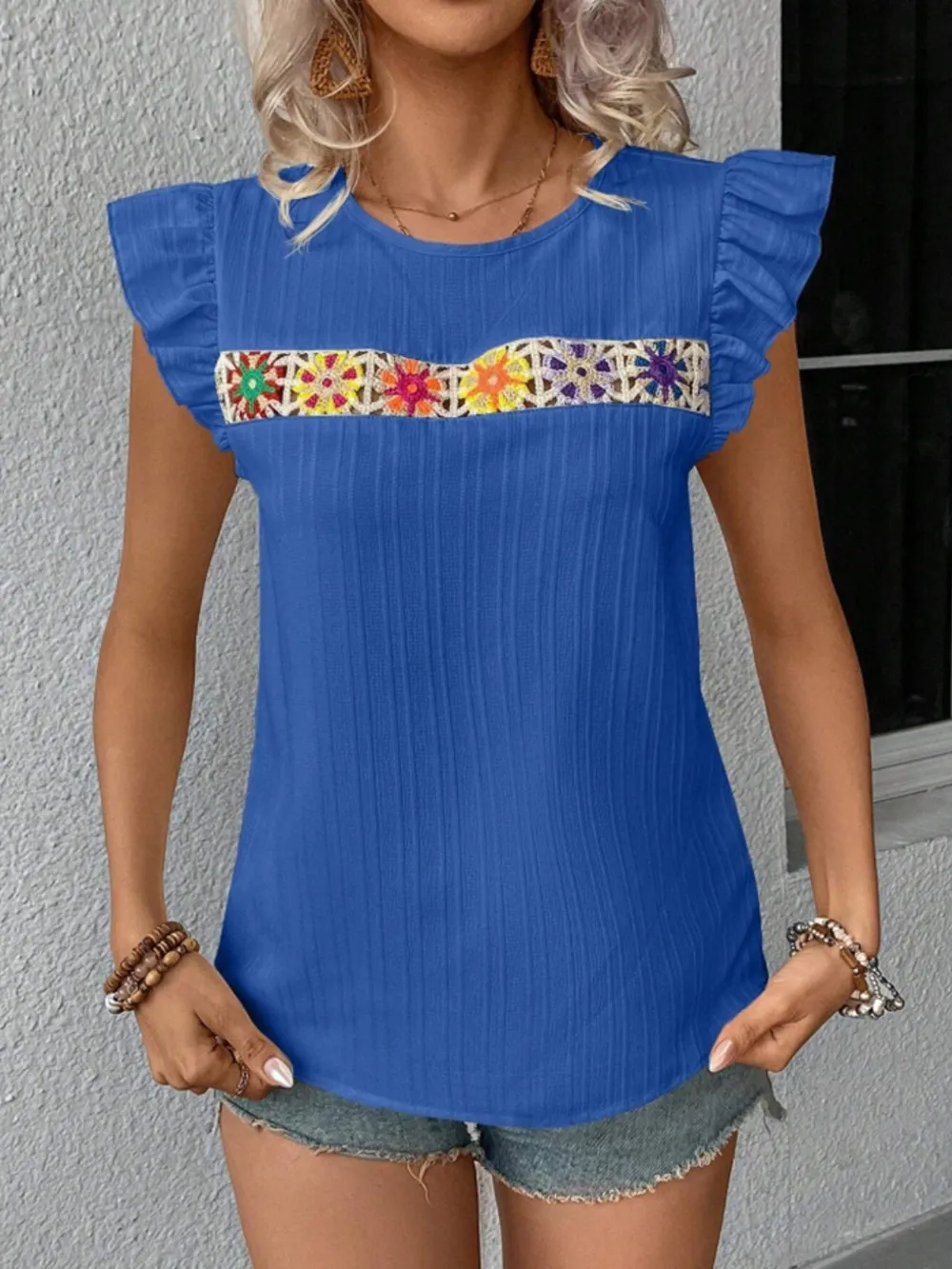Ruffled Round Neck Cap Sleeve Blouse, image 26