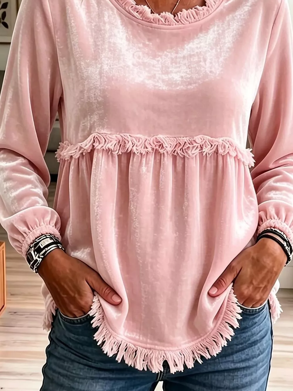 Velvet Fringe Long Sleeve Blouse, image 3