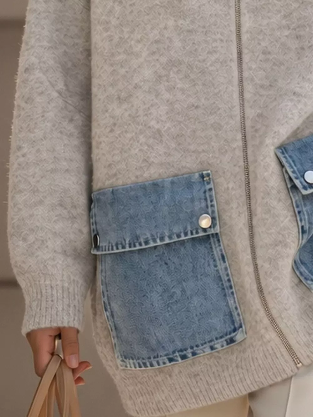 Contrast Denim Pockets Hooded Cardigan, image 5