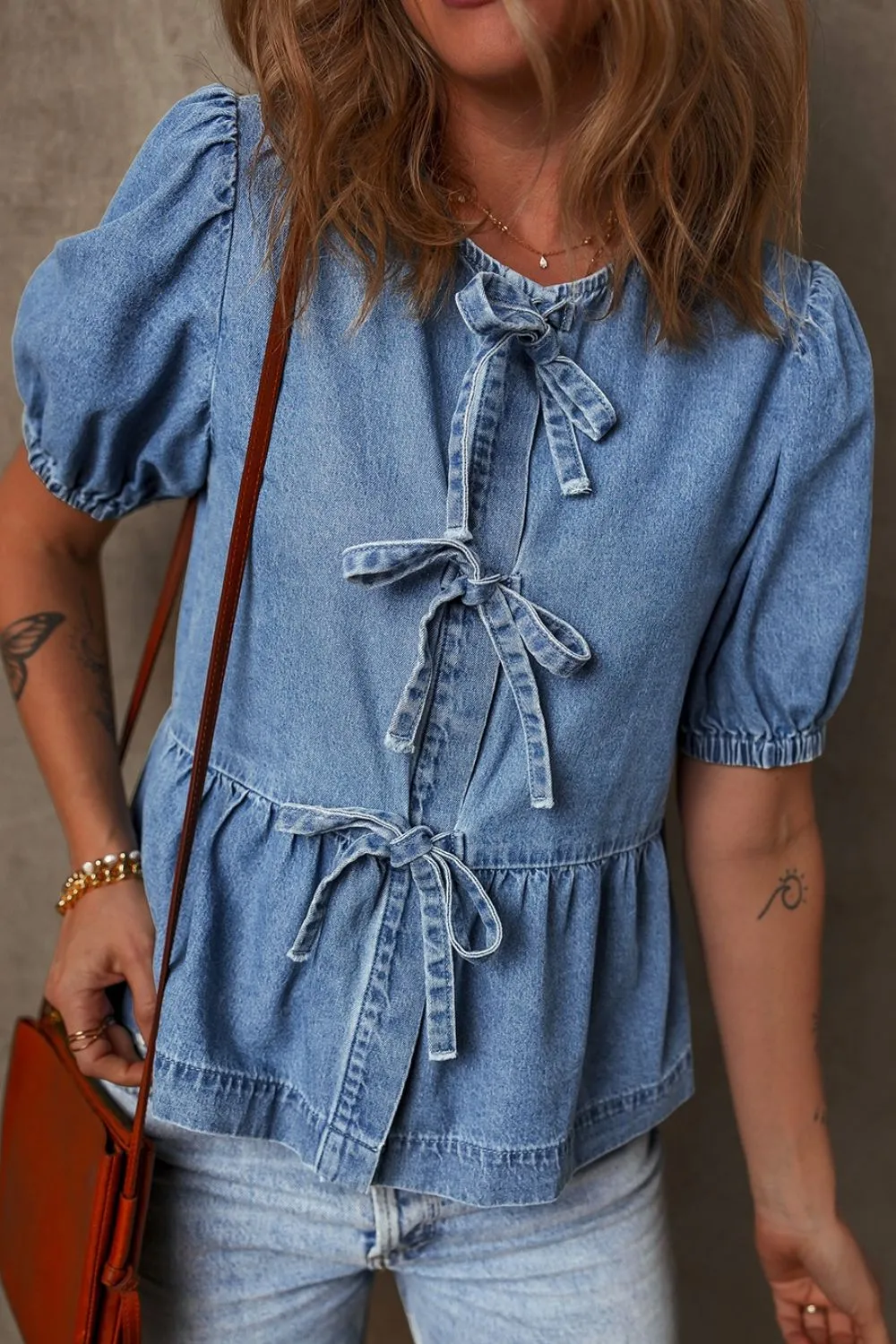 Tied Front Puff Sleeve Peplum Denim Shirt, image 4