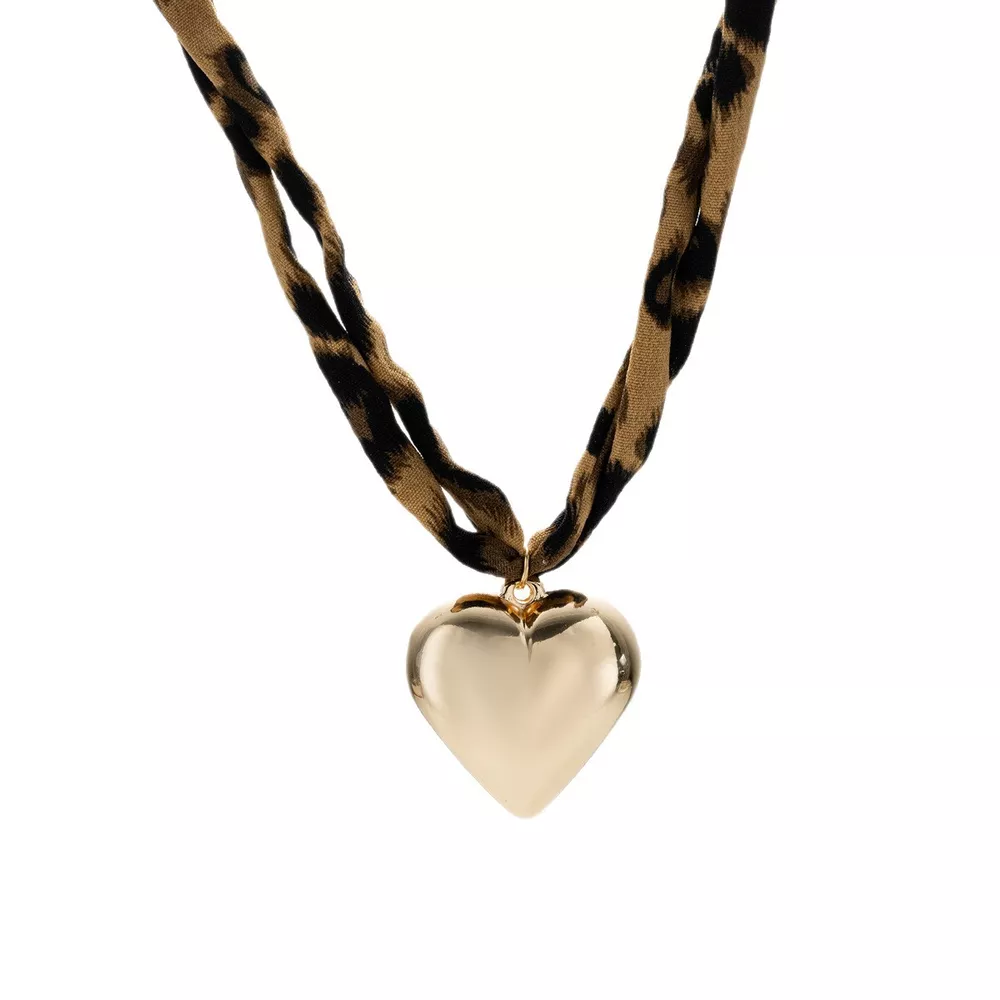 Leopard Print Choker with Golden Heart Pendant Necklace, image 5
