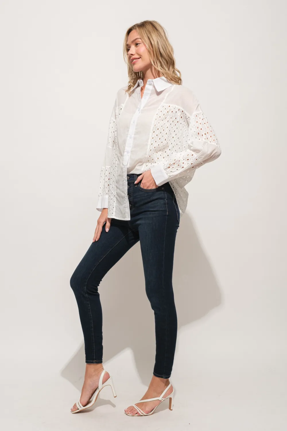 Eyelet Long Sleeve Button Down Shirt, image 7