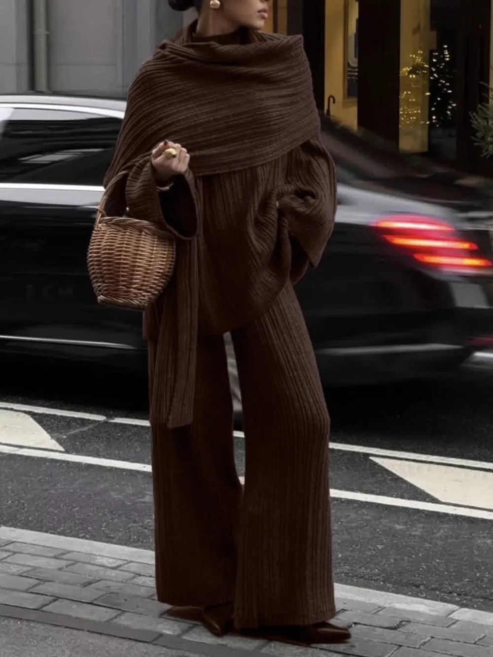3-Piece Crew Neck Ribbed Sweater and Wide-Leg Pants Set with Scarf, image 22