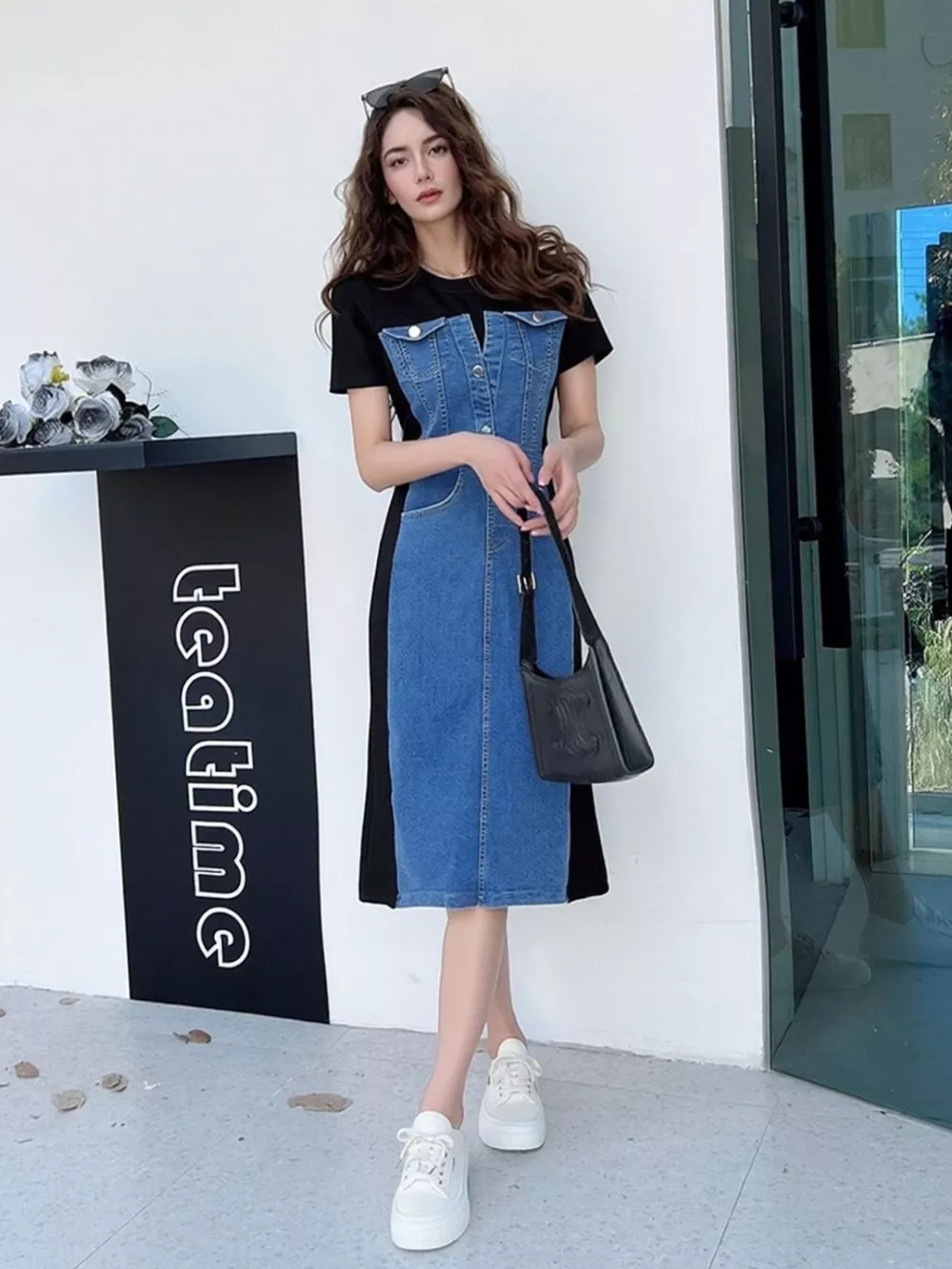 Full Size Denim Patchwork Short Sleeve Slit Back Dress Plus Size