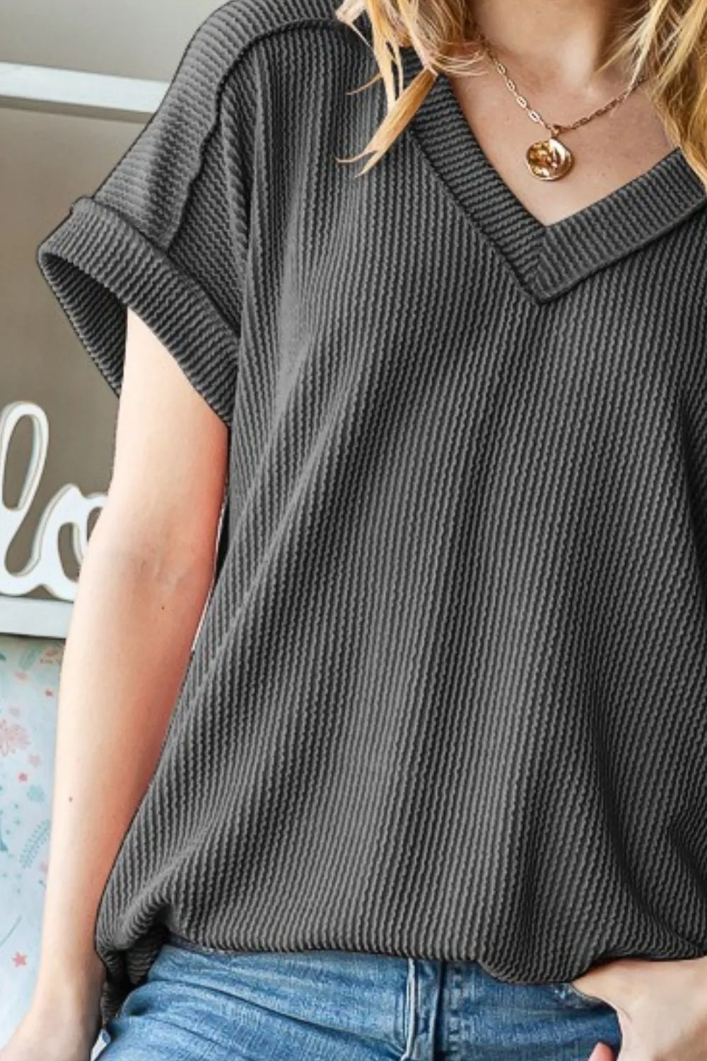 Full Size Exposed Seam Short Sleeve Ribbed Top, image 3