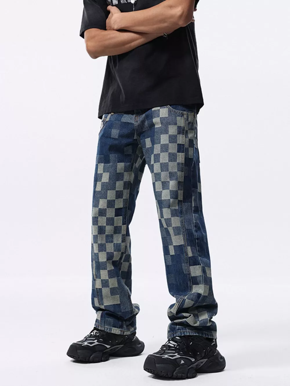 Men's Checkerboard Pattern Relaxed Fit Jeans, image 5