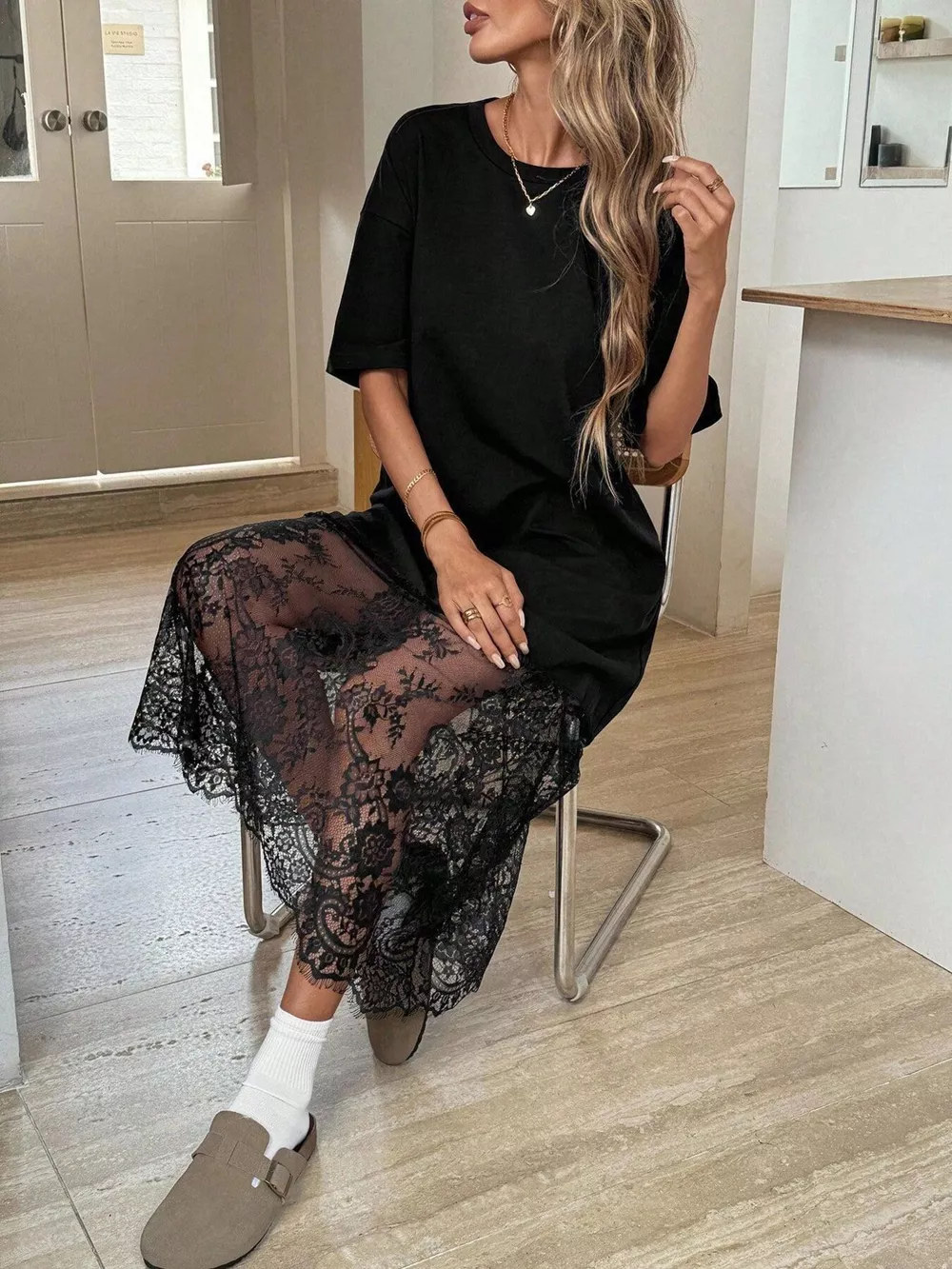 Floral Lace Hem Short Sleeve Tee Dress, image 5