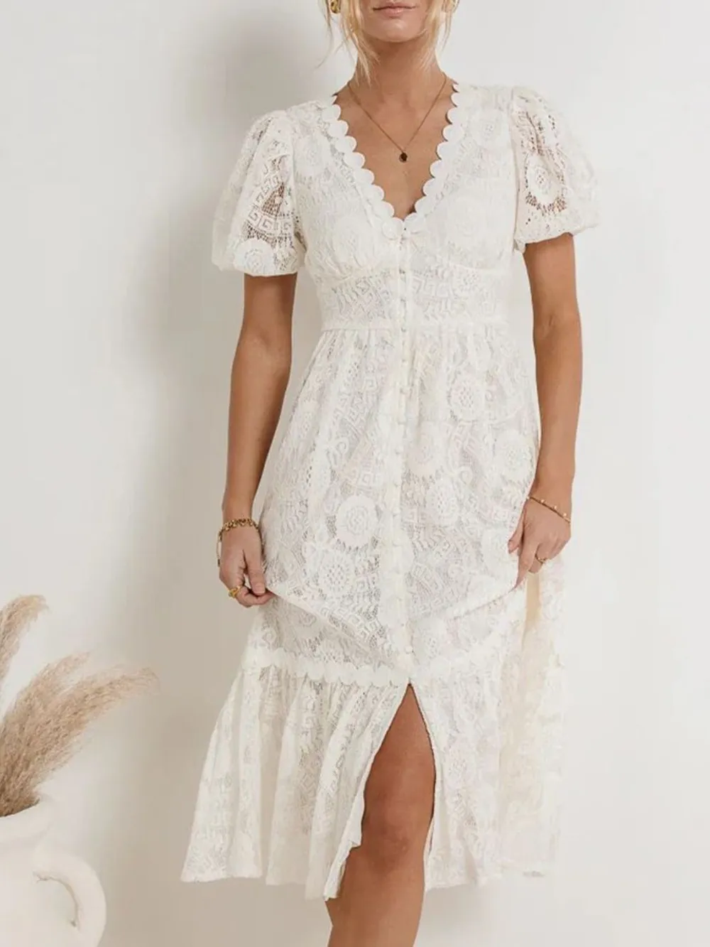 Lace V-Neck Short Sleeve Dress, image 4