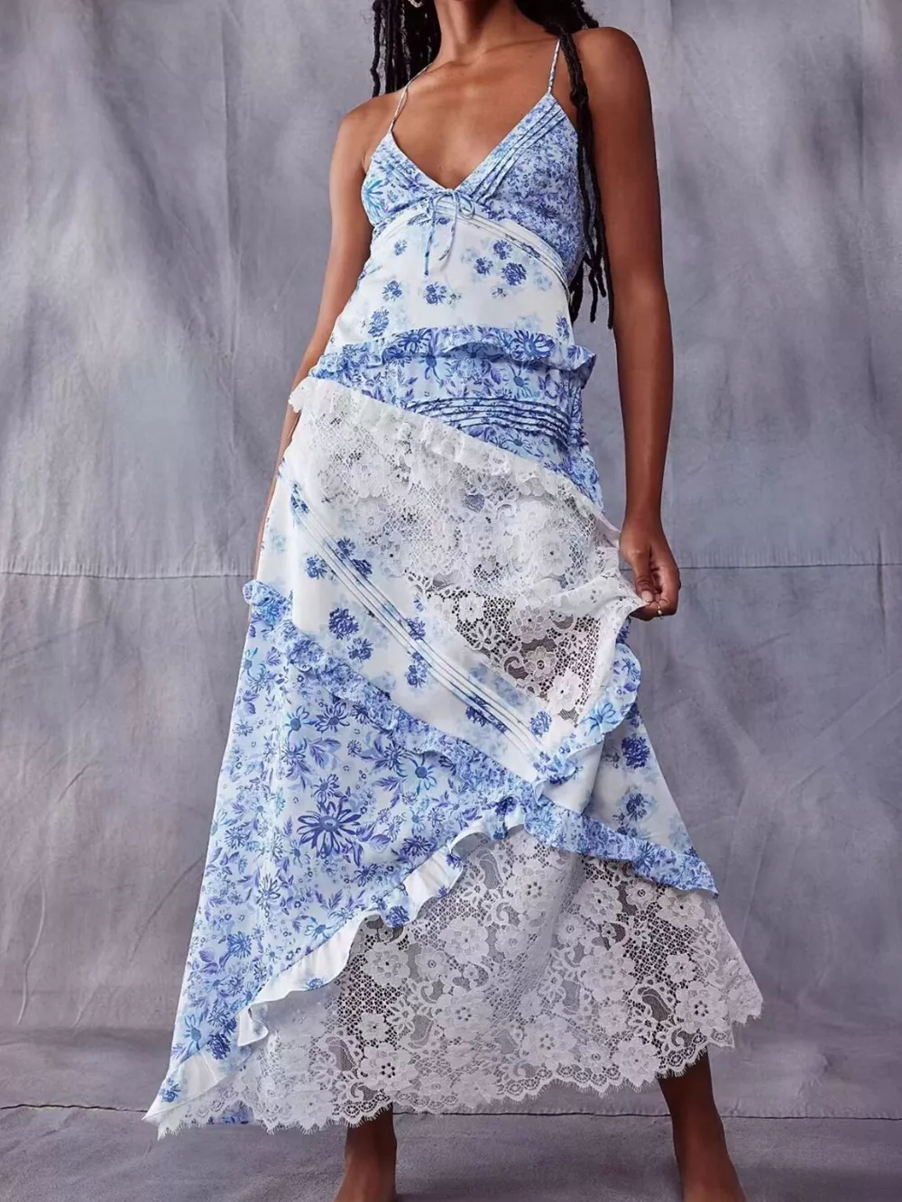 Lace Detail Ruffled Floral V-Neck Maxi Dress, image 7