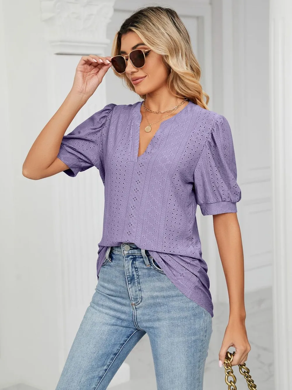 Eyelet Notched Short Sleeve T-Shirt, image 19