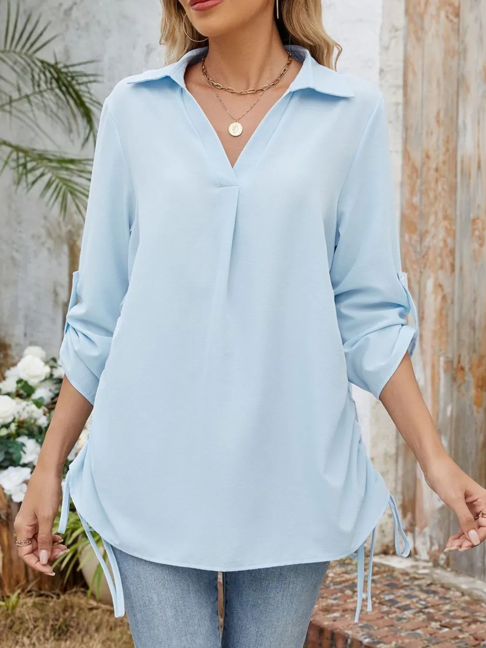 Drawstring Johnny Collared Three-Quarter Sleeve Top, image 11