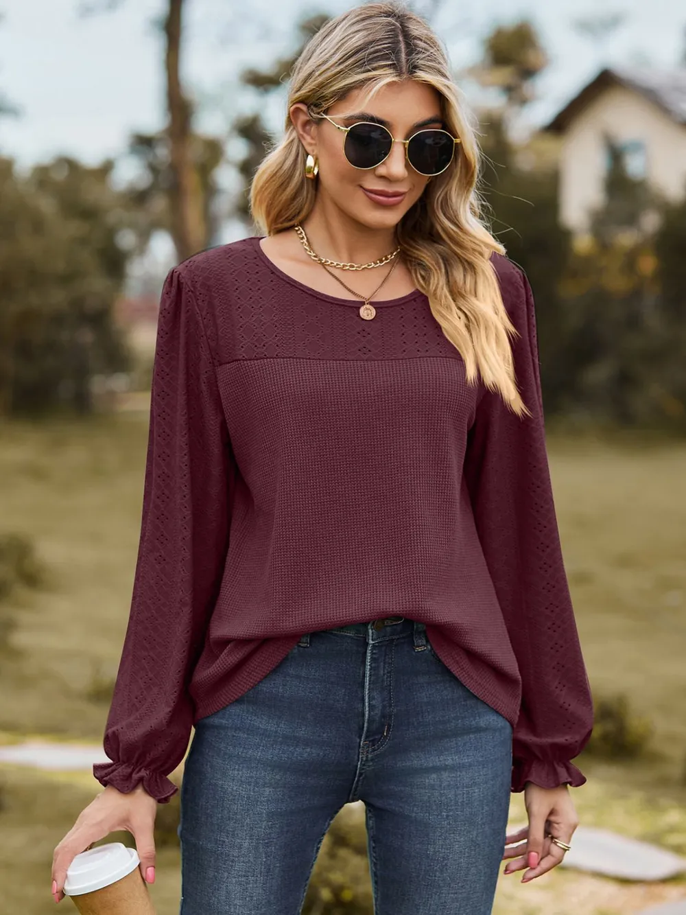 Round Neck Flounce Sleeve Top, image 9