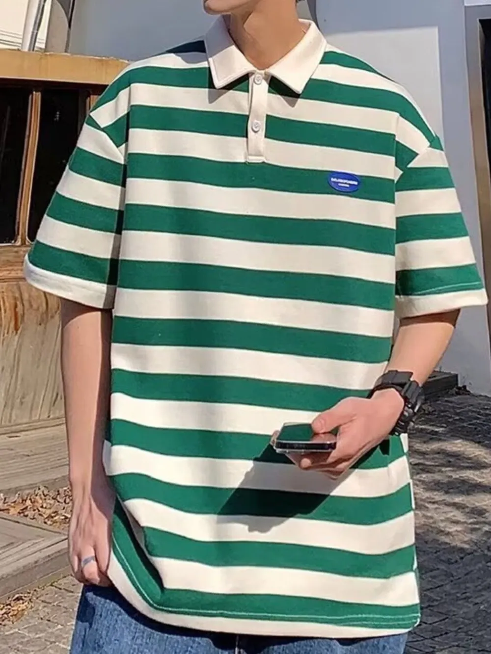Men's Plus Size Striped Short Sleeve Oversized Polo, image 4