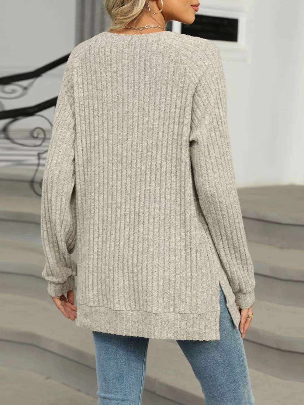Round Neck Side Slit Ribbed Knit Top with Asymmetric Button Detail, image 6