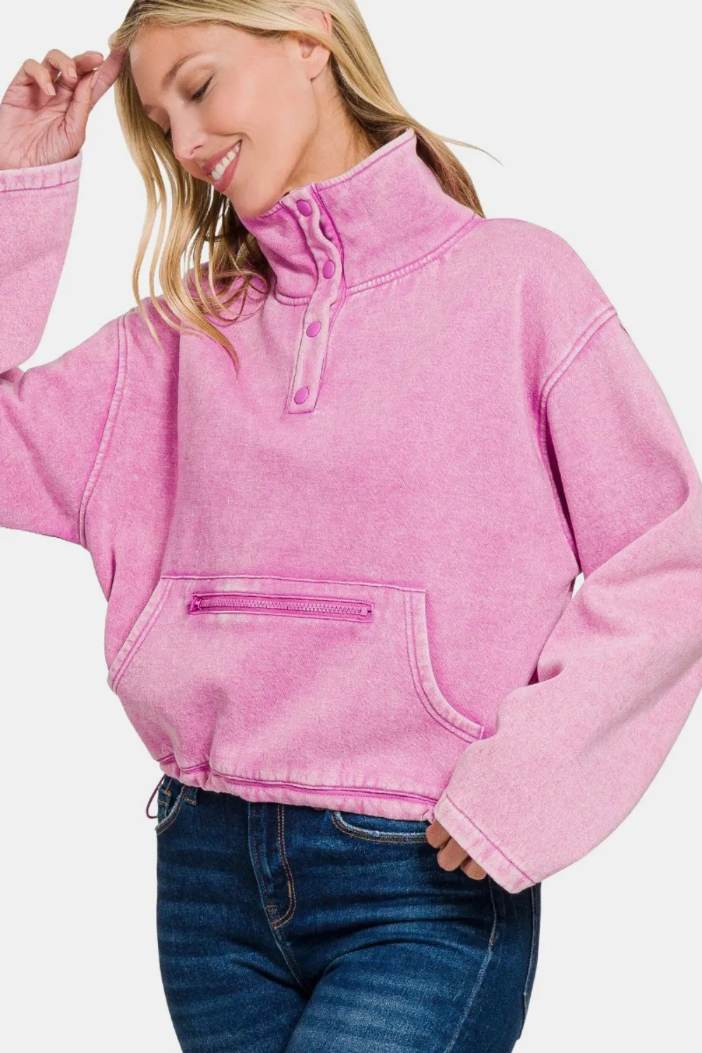 Acid Wash Fleece Half Snap Sweatshirt with Pocket, image 2