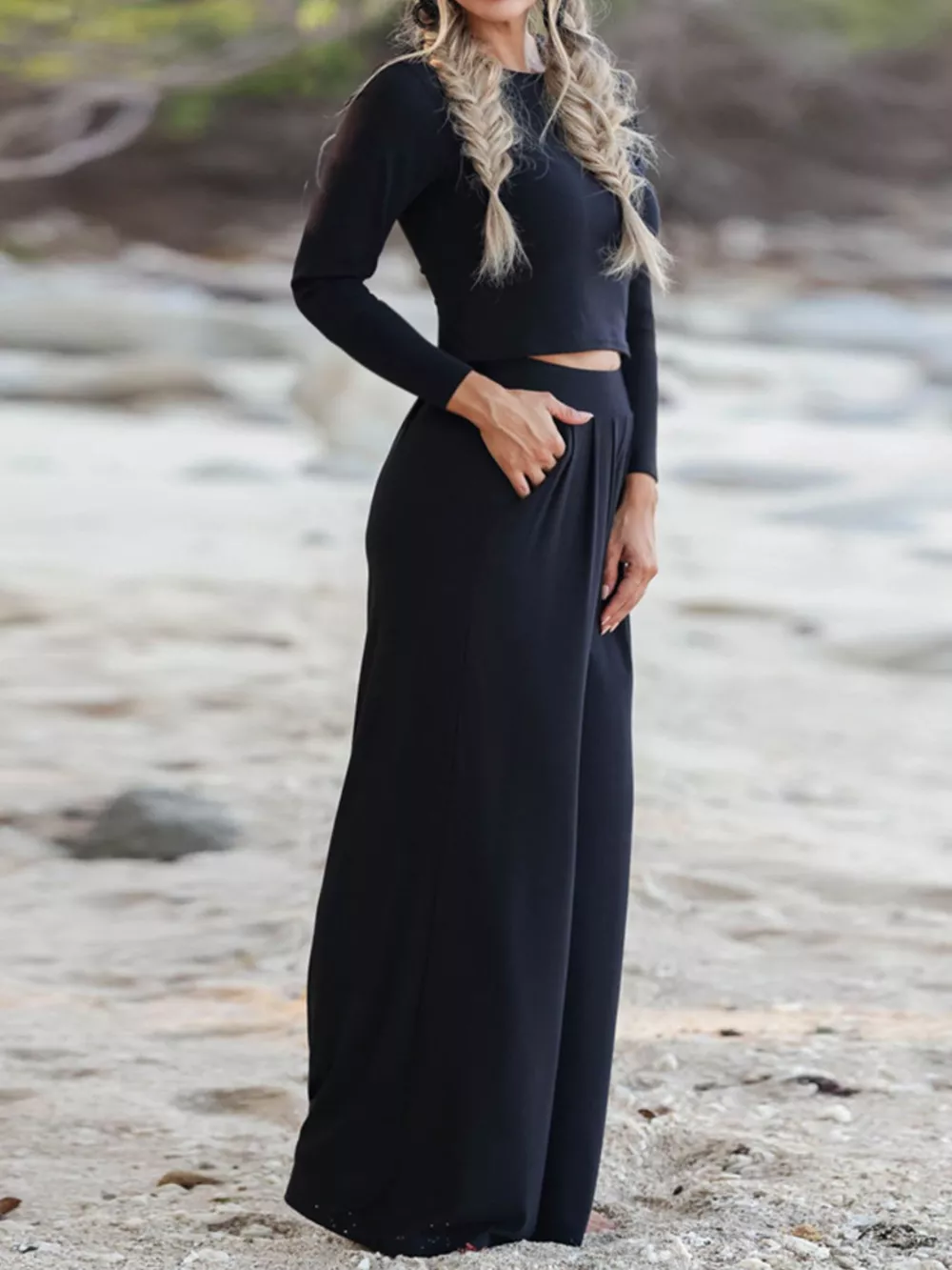 Long Sleeve Crop Top and Wide-Leg Pants Set, image 2