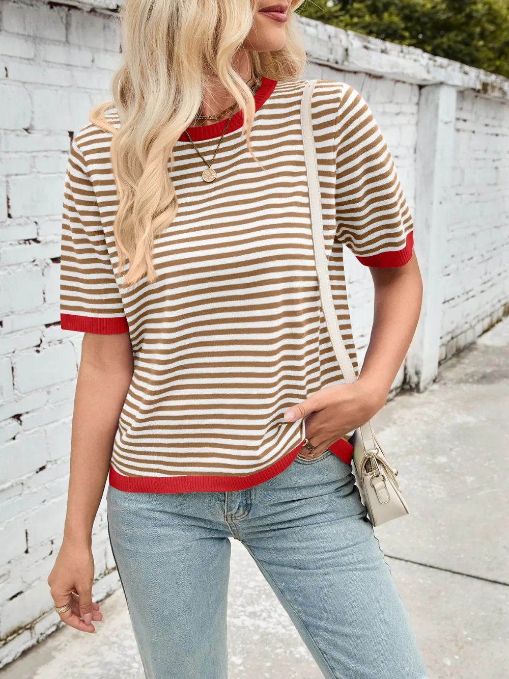 Striped Contrast Round Neck Half Sleeve Knit Top, image 28