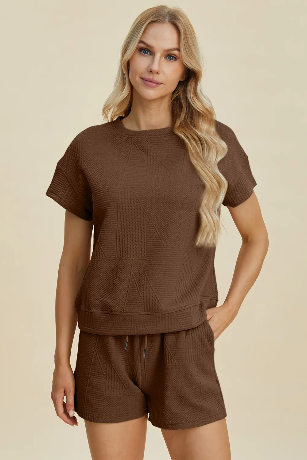 Full Size Texture Short Sleeve Top and Shorts Set, image 11