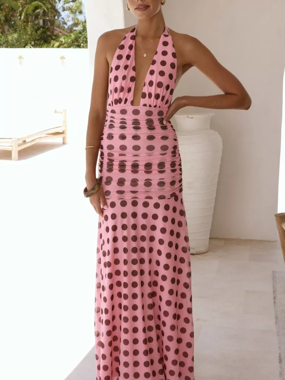 Polka Dot Halter Ruched Maxi Dress, image 7