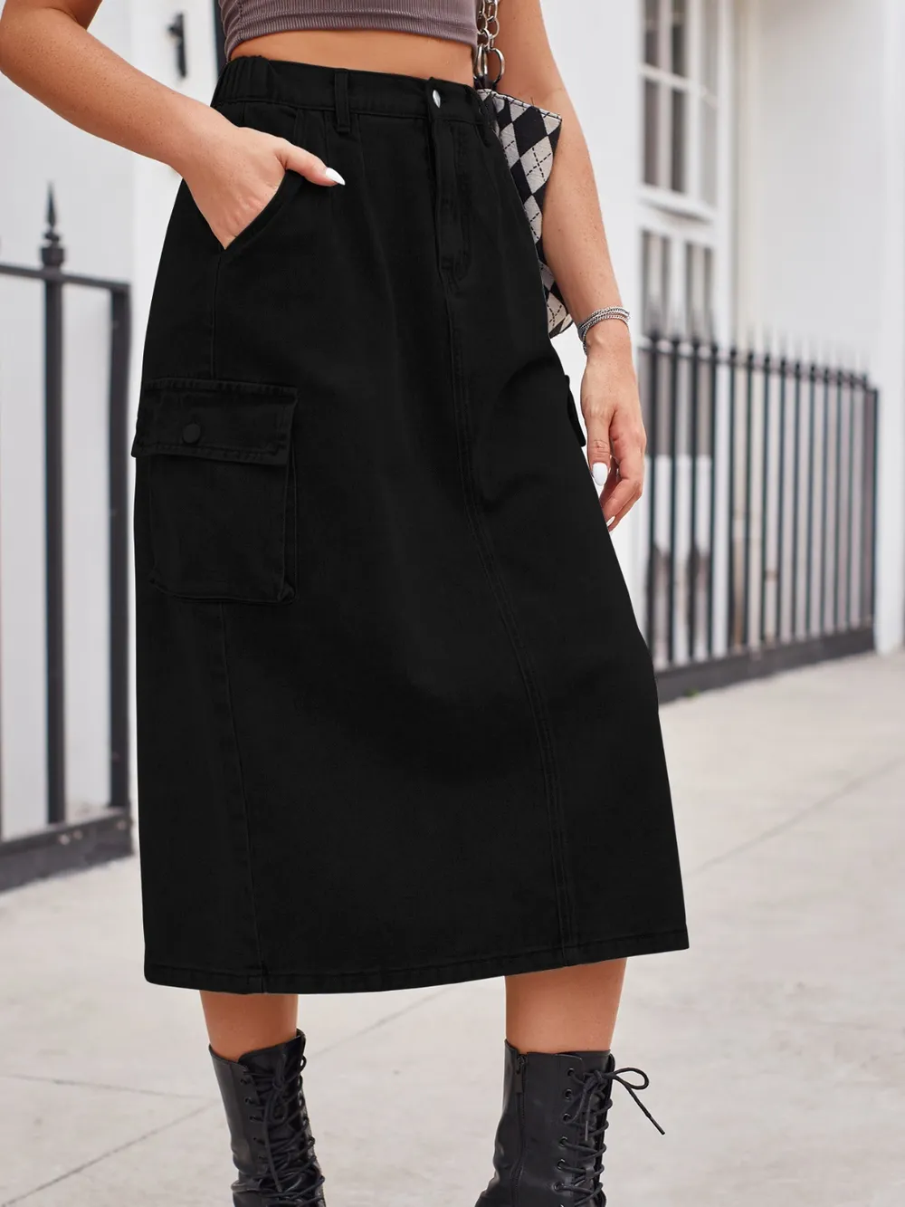 Slit Buttoned Denim Skirt with Pockets, image 7