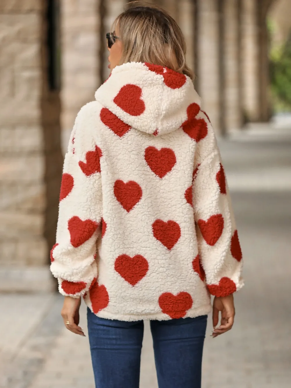 Fuzzy Heart Pocketed Dropped Shoulder Hoodie, image 5