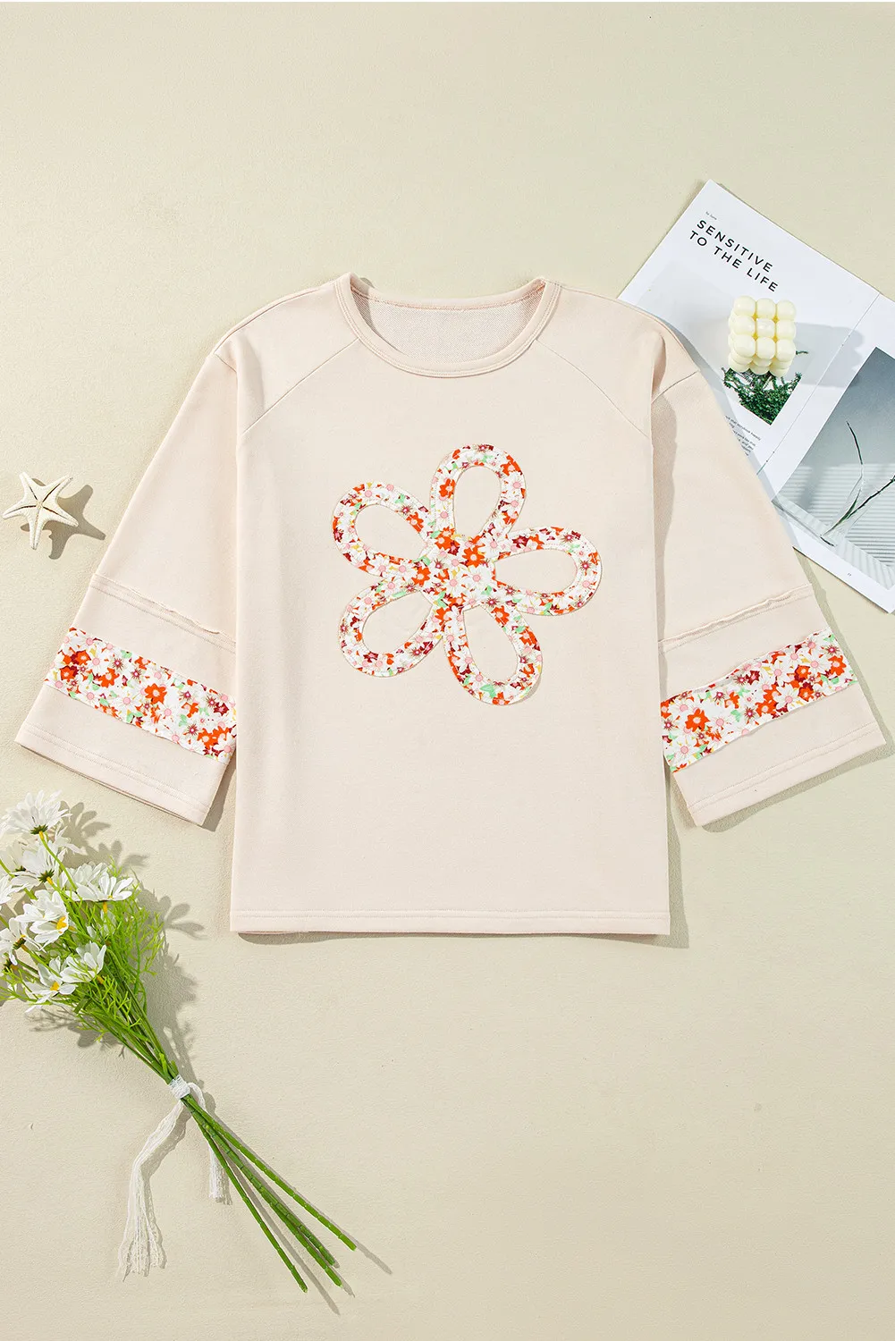 Exposed Seam Slit Floral Round Neck Blouse, image 4