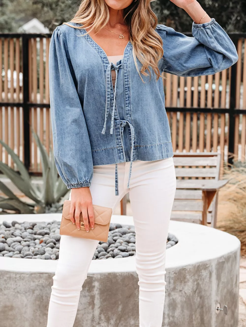 Tied Front Puff Sleeve Denim Top, image 2