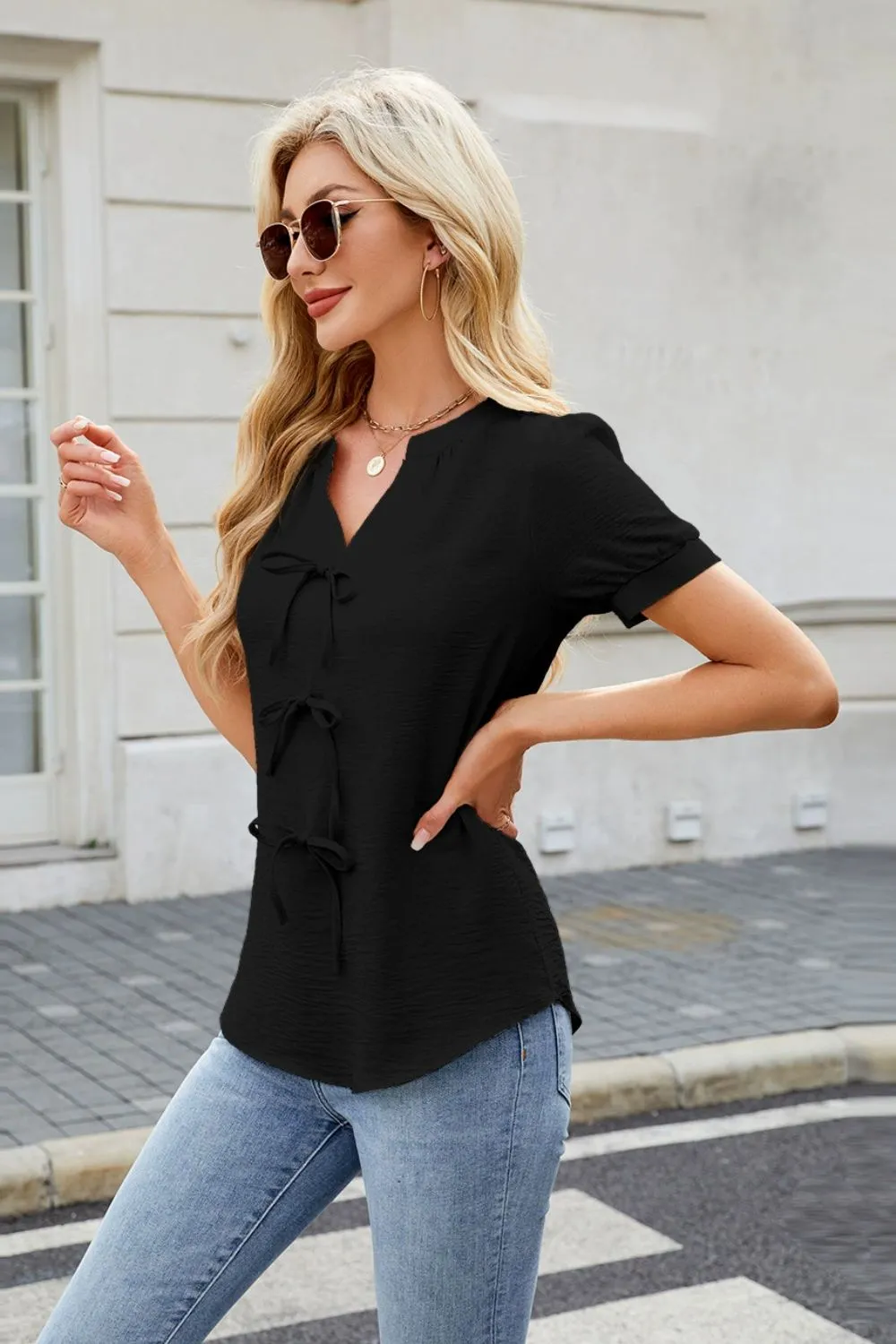 Bow Notched Short Sleeve Blouse, image 8
