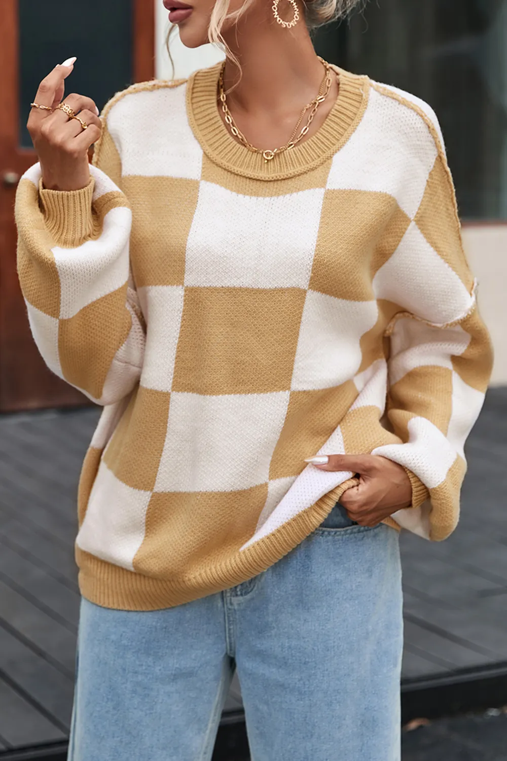 Checkered Exposed Seam Drooped Shoulder Sweater, image 11