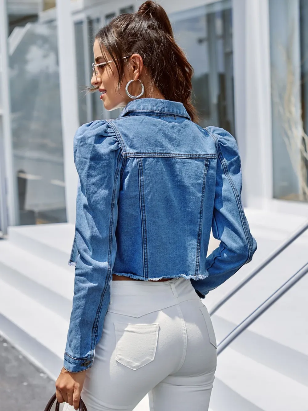 Button Down Raw Hem Cropped Denim Jacket, image 12