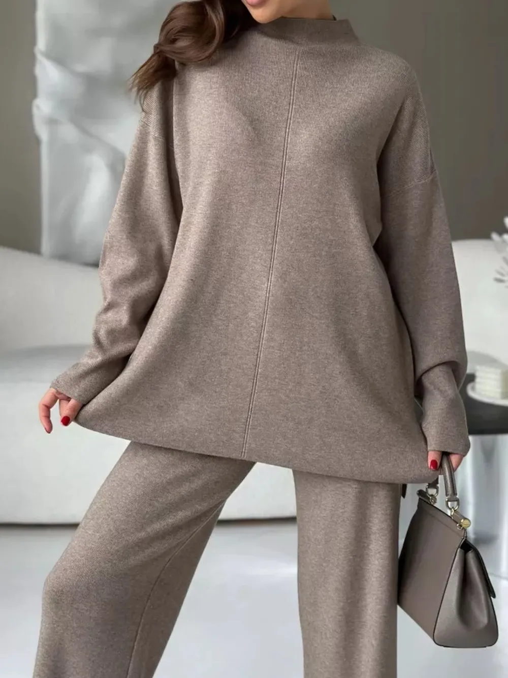 Slit Mock Neck Top and Pants Sweater Set, image 8