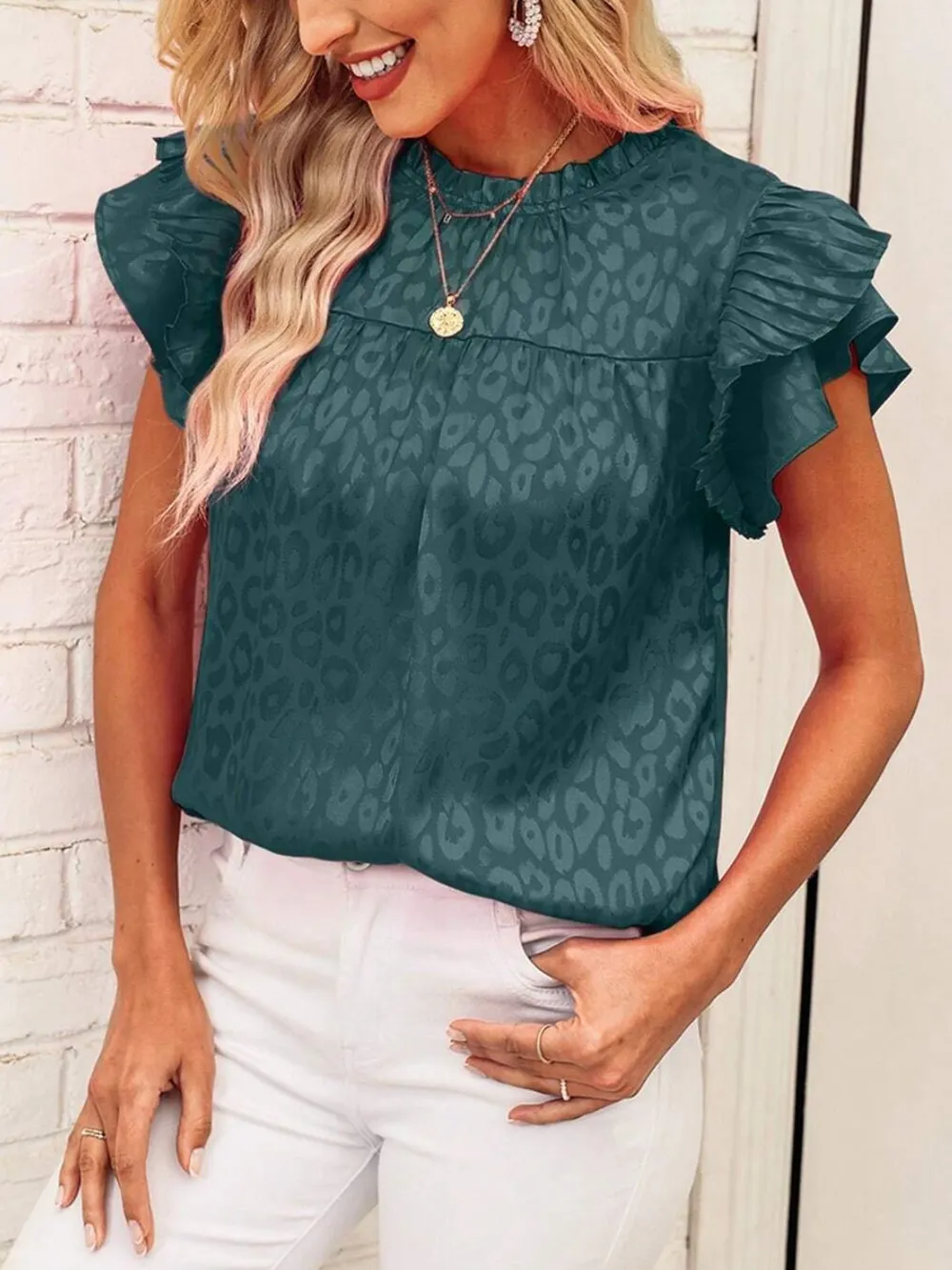 Leopard Frill Mock Neck Ruffled Cap Sleeve Top, image 18