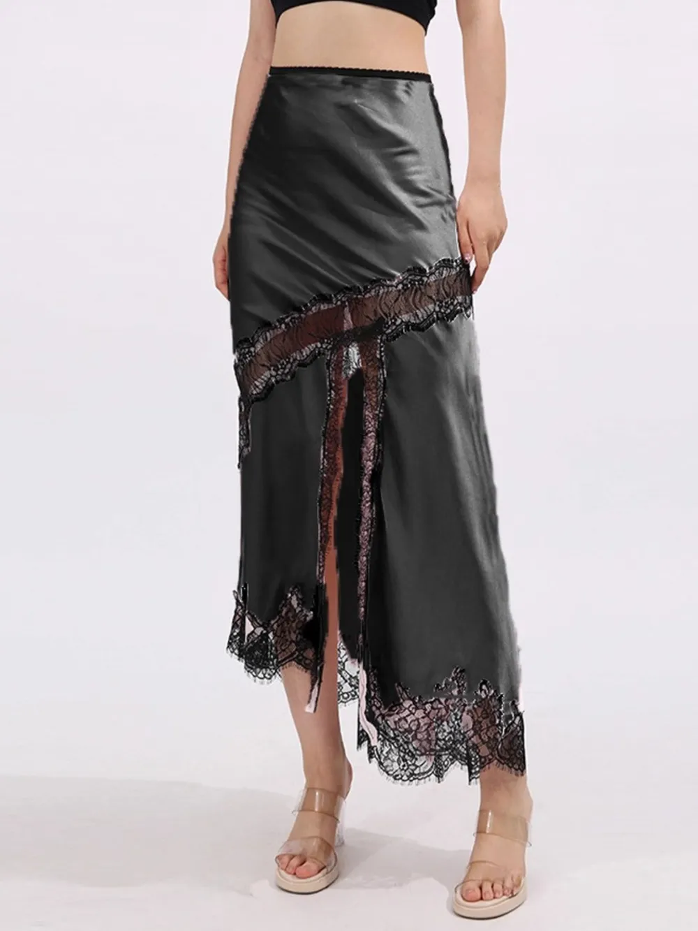 Lace Trim Asymmetrical Midi Skirt, image 4