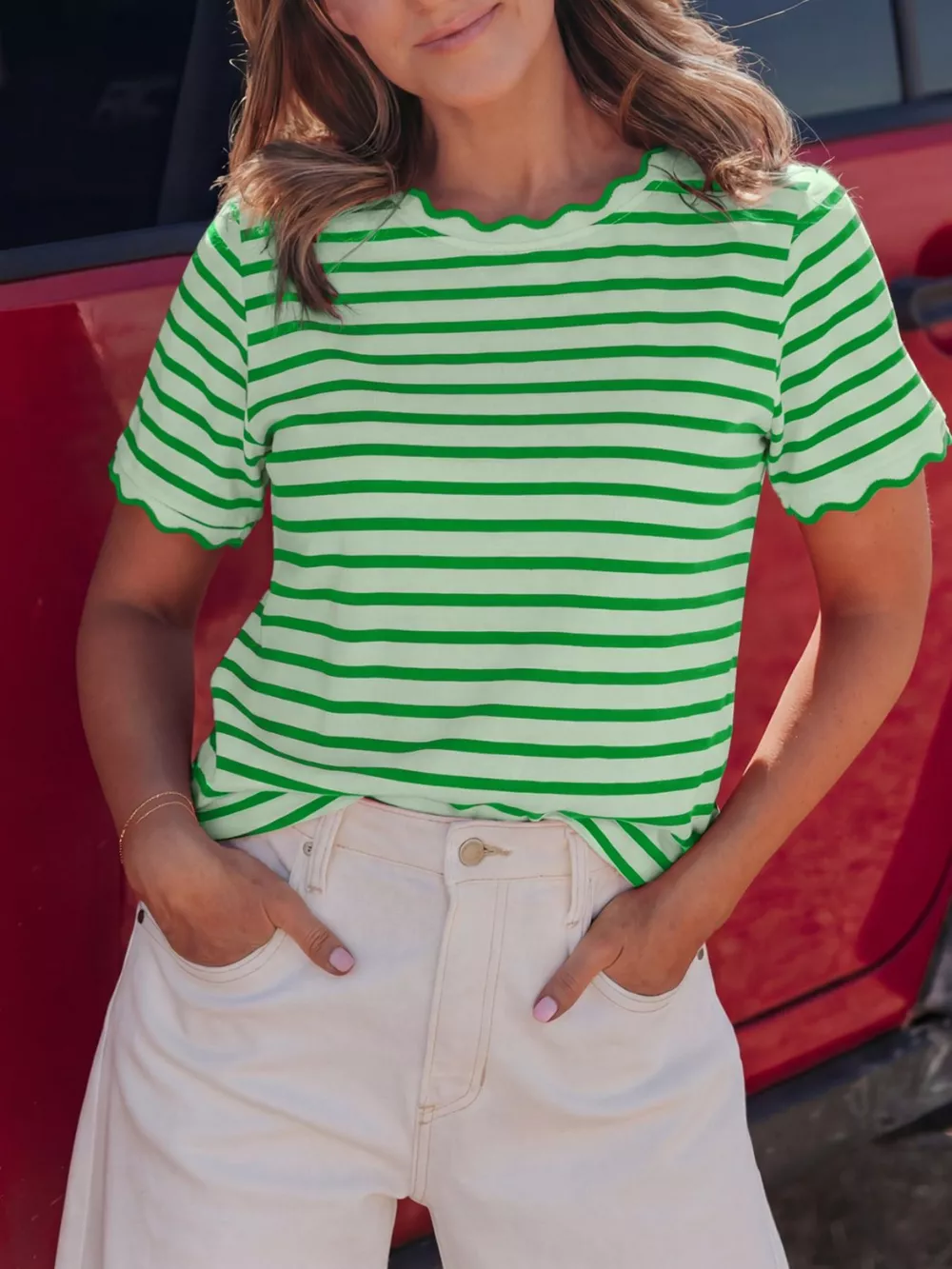 Striped Scallop-Trimmed Round Neck T-Shirt, image 2