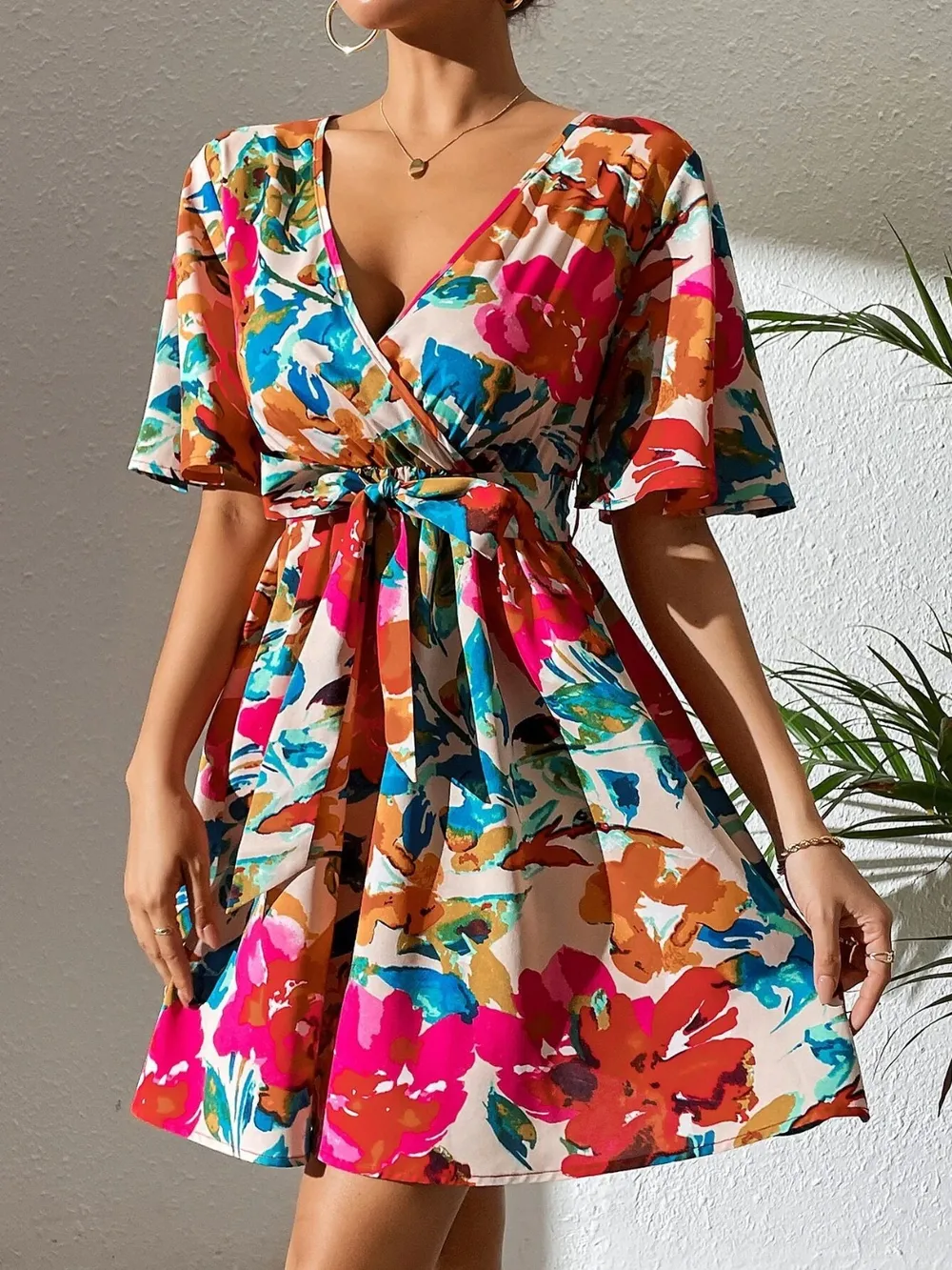 Printed Surplice Short Sleeve Mini Dress, image 2