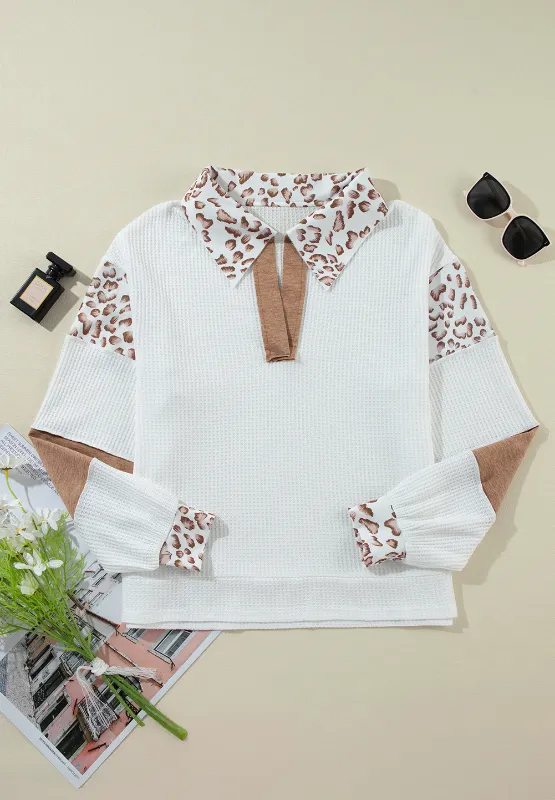 Waffle-Knit Leopard Johnny Collar Long Sleeve Top, image 9
