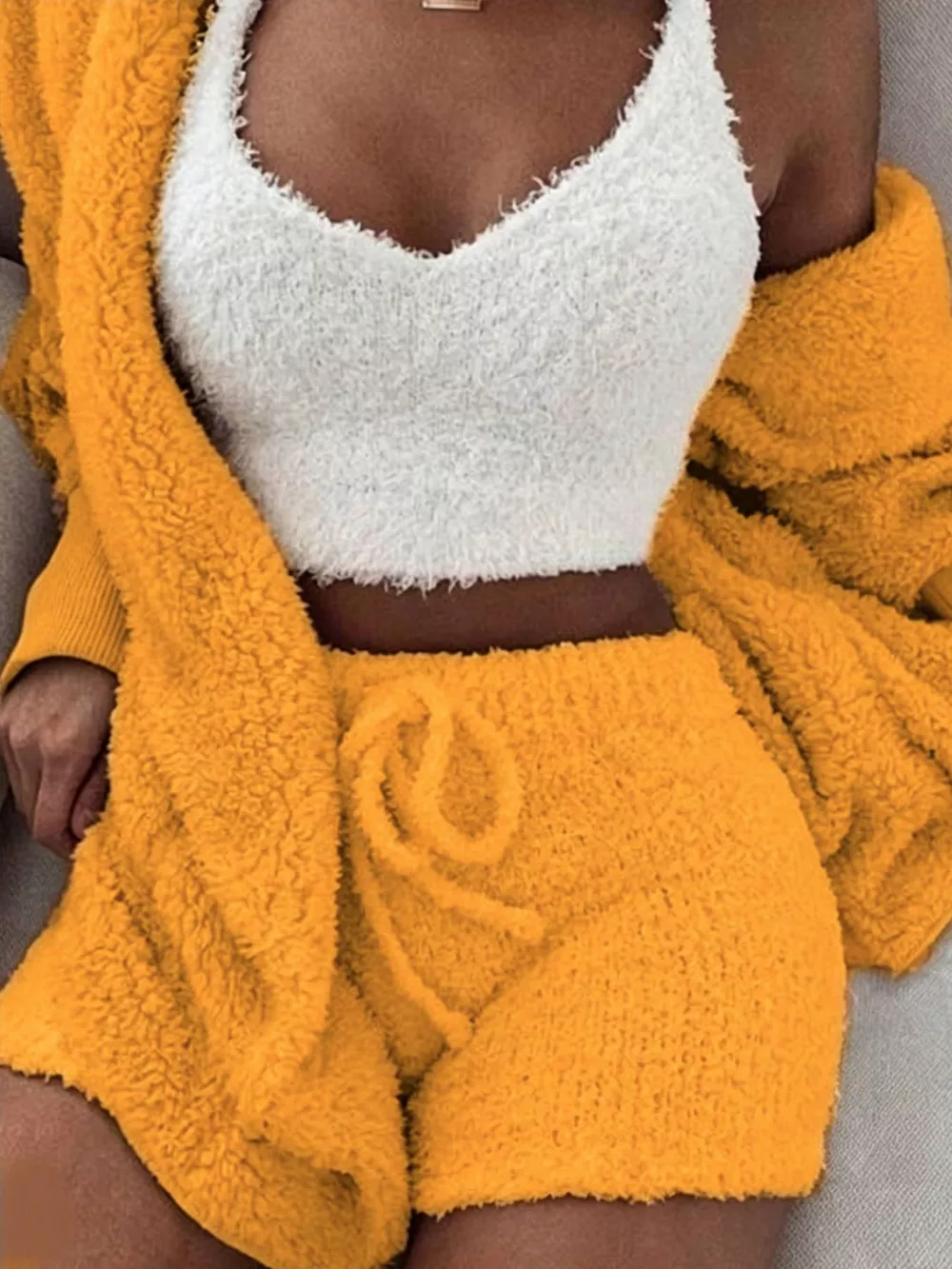 Full Size 3-Piece Fuzzy Plush Cardigan and Shorts Lounge Set with Crop Top Plus Size, image 7