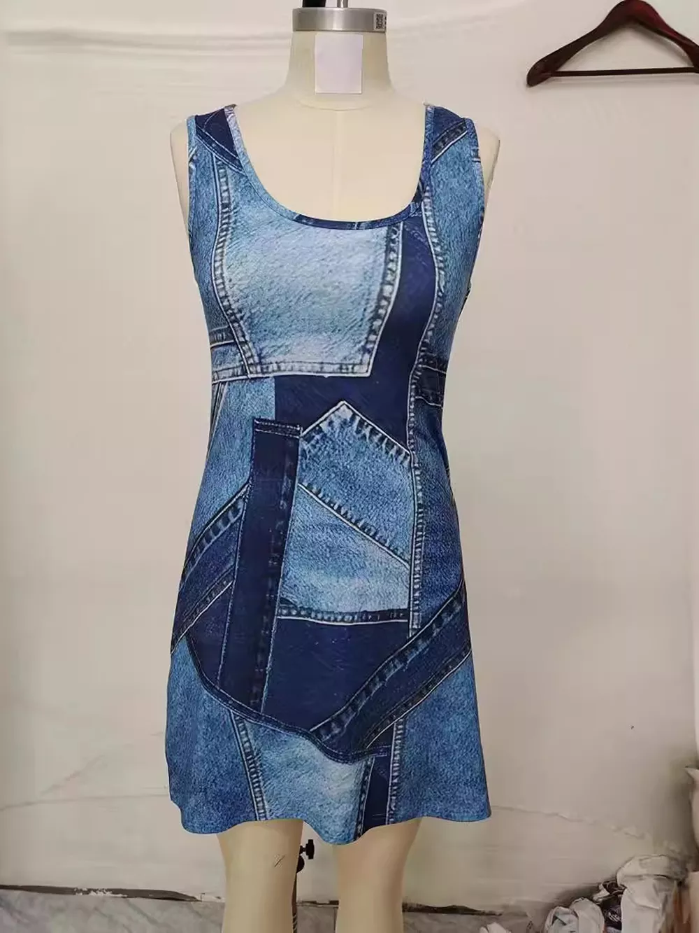 Patchwork Denim Sleeveless Dress, image 3
