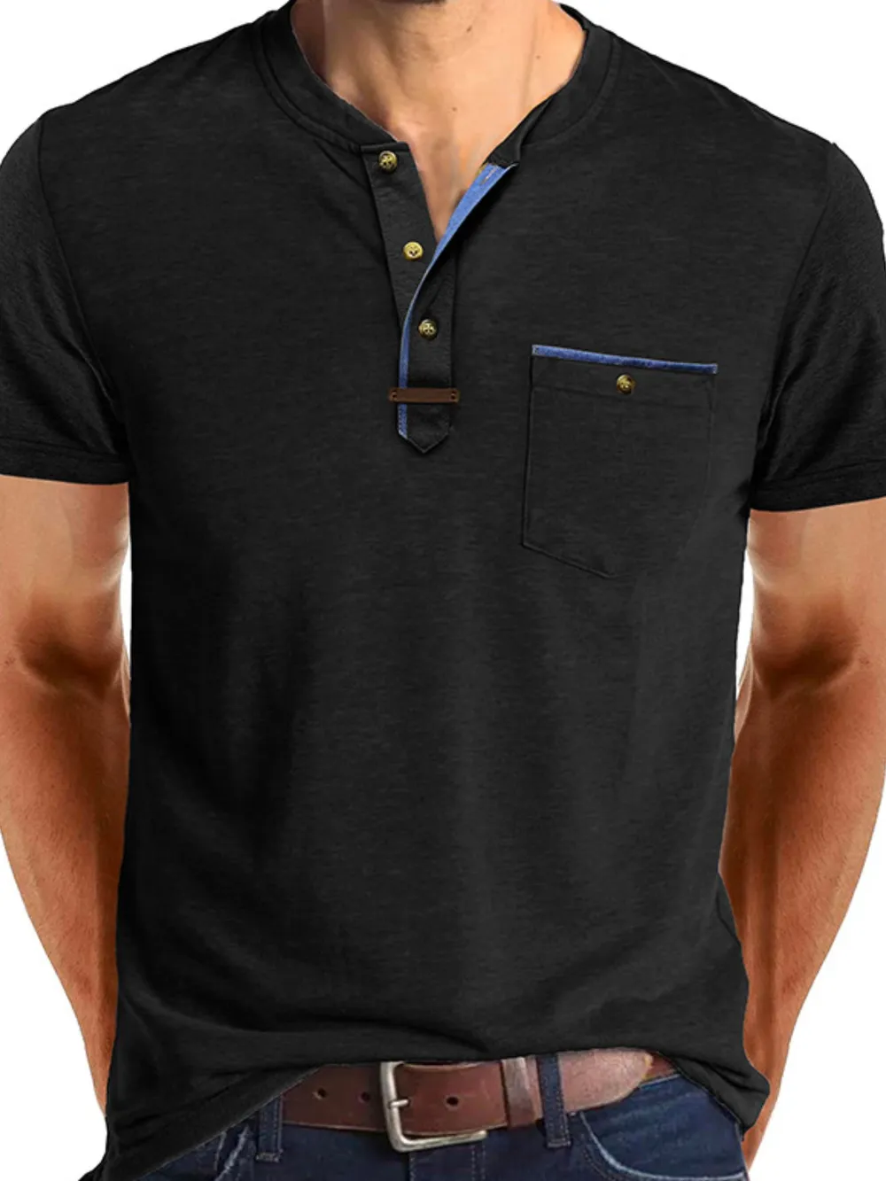 Men's Full Size Short Sleeve Henley Polo with Contrast Trim Plus Size
