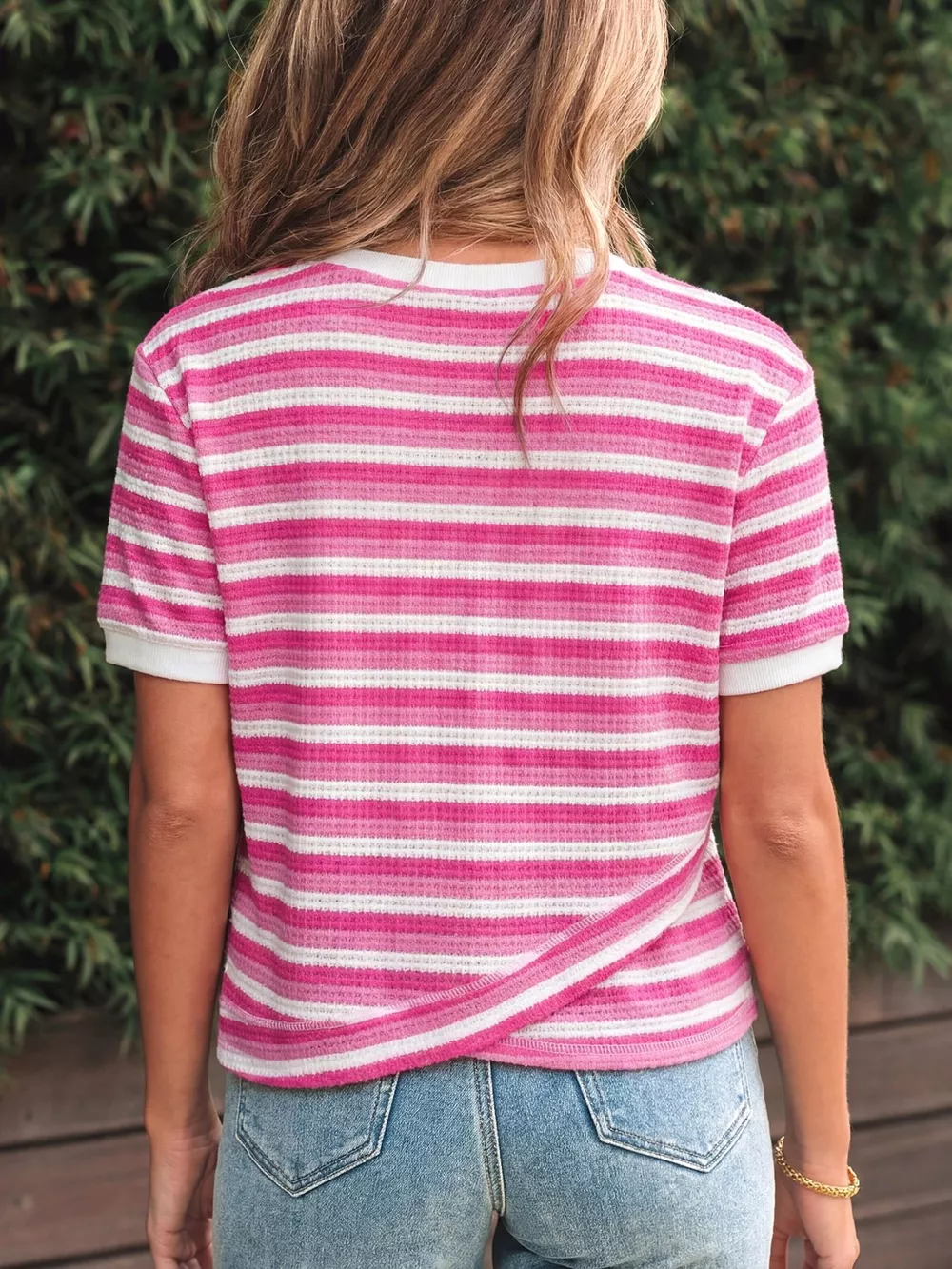 Textured Knit Short Sleeve Crossed Detail Tee, image 3