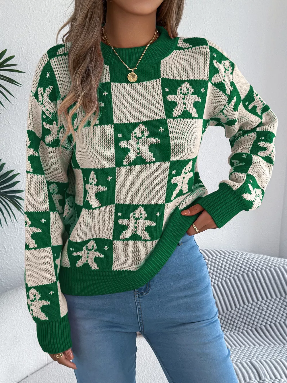 Christmas Checkerboard Gingerbread Round Neck Sweater, image 4