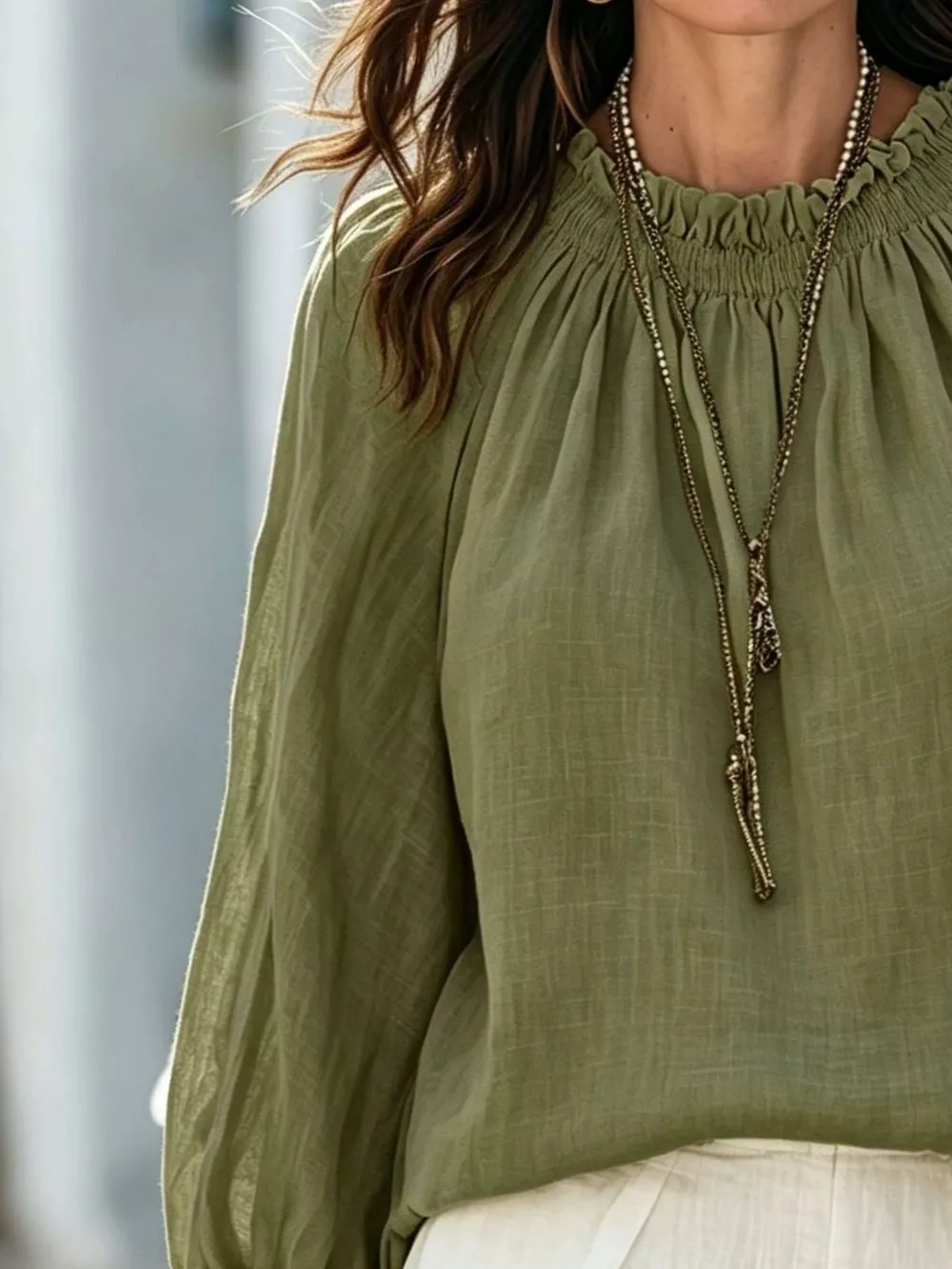 Round Neck Balloon Sleeve Blouse, image 2