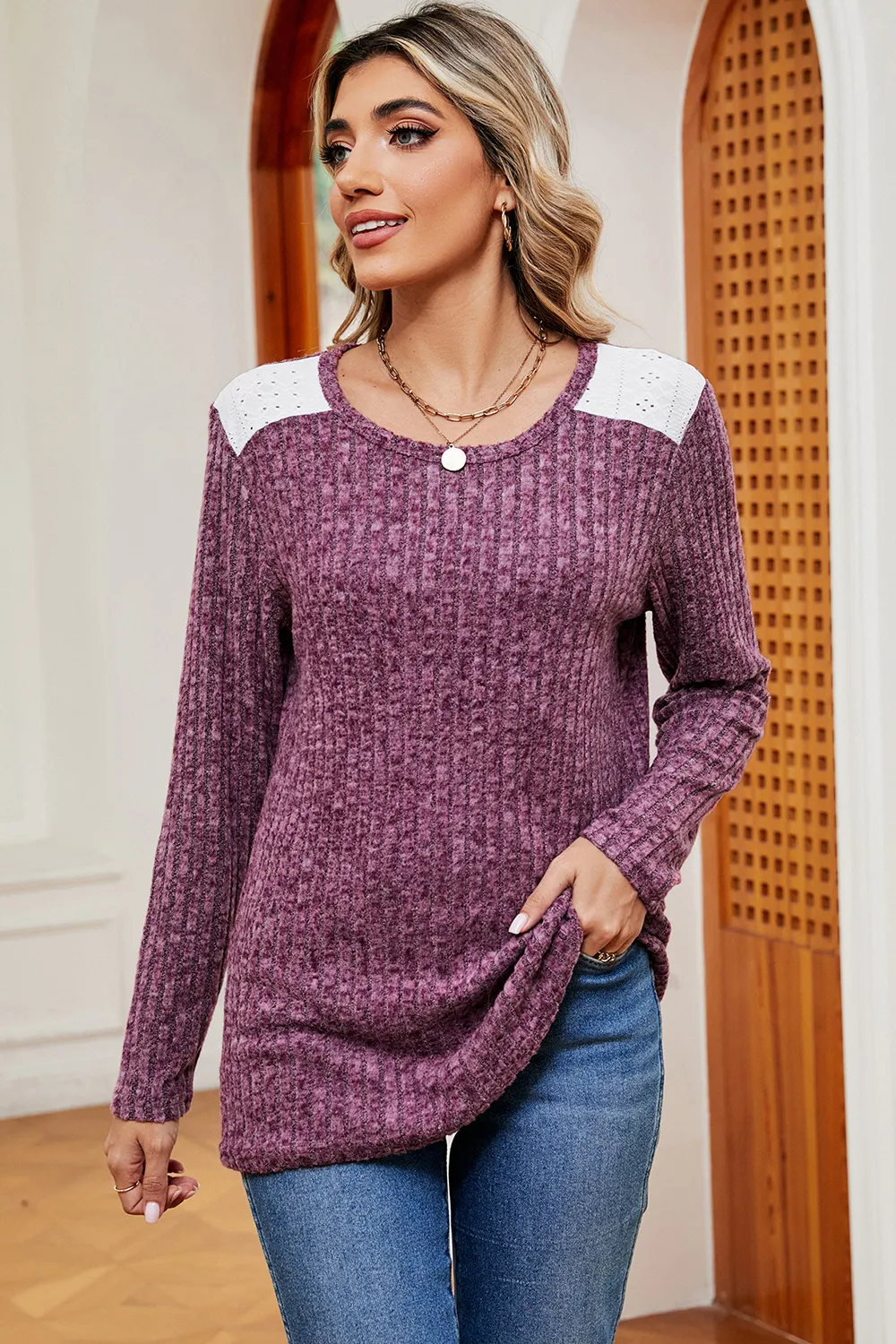 Eyelet Ribbed Round Neck Long Sleeve T-Shirt, image 22