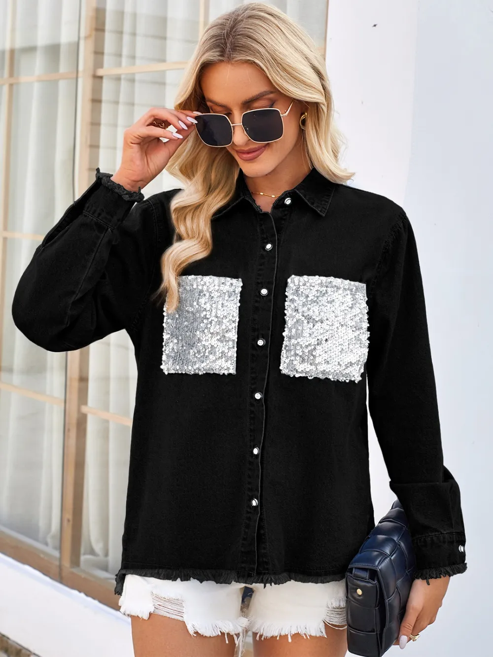 Raw Hem Button Up Long Sleeve Denim Jacket with Sequin Pockets, image 8